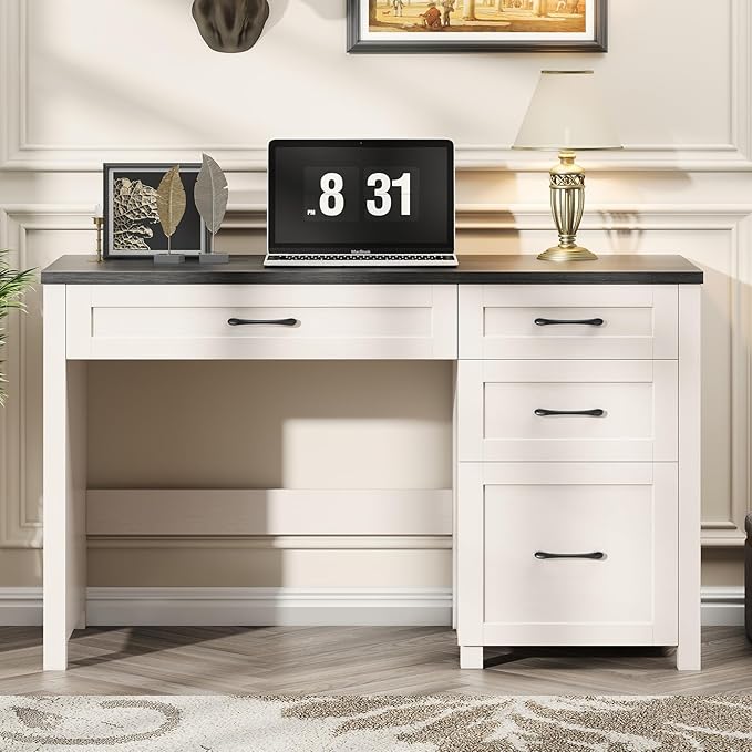 Farmhouse 47" Executive Desk, Computer Desk with File Drawer and Charging Station, Workstation for Home Office, Study.Black