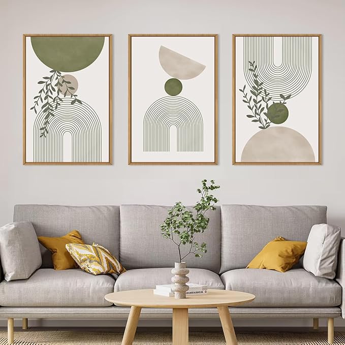 ANHUIB Boho Abstract Wall Art Canvas,Sage Green Wall Decor Framed,Geometric Line Art Prints Leaves,Minimalist Artwork Botanical,3 Piece 24x36In Beige Nature Painting for Living Room Bedroom