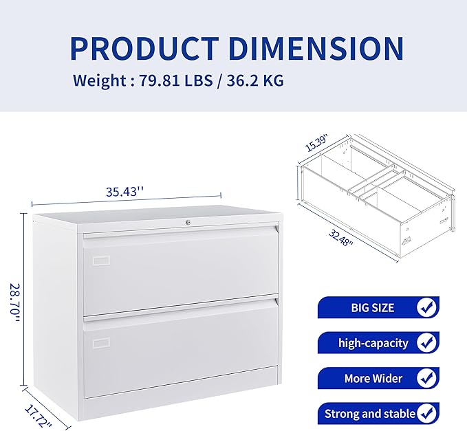 2 Drawer Filing Cabinet, Black Lateral File Cabinet with Lock, Lockable Metal File Cabinet for Home Office, Office File Cabinets for Legal/Letter/A4/F4 Size with Hanging Files&Key (White(2 Drawer))