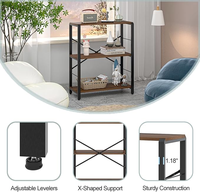 FOLUBAN Small Bookshelf, 3 Tier Rustic Book Shelf with Storage, Industrial Low Short Bookcases for Office, Bedroom and Living Room, Rustic Walnut