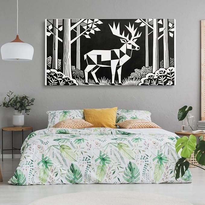 Black White Deer Framed Canvas Wall Art for Nursery, Forest Animal Wall Decor 58" L x 28" W