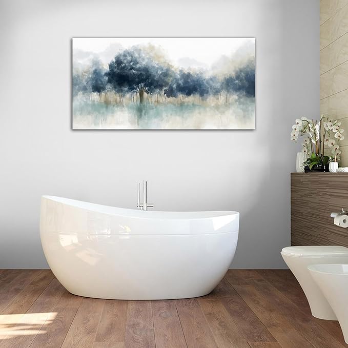 yearainn Foggy Forest Canvas Wall Art - Indigo Blue Abstract Trees Pictures for Wall Decor Nature Canvas Painting Modern Printing Artwork for Living Room Bedroom Home Office Wall Decoration 24" x 48"