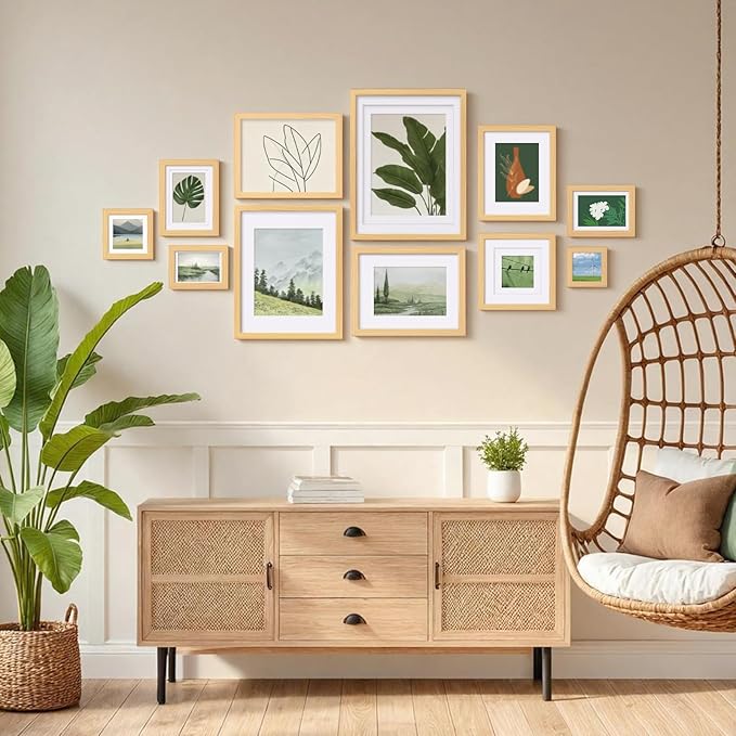 Egofine 11x14 Picture Frames Natural Wood 2 PCS Made of Solid Wood Covered by Plexiglass - for Table Top and Wall Mounting for Pictures 8x10 or 5x7 with Mat Horizontally or Vertically Display Photo