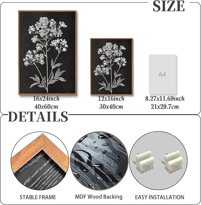 KISSFOX Framed Floral Botanical Canvas Wall Art Vintage Black Background Plant Poster Prints Set of 3 Grey and White Wildflower Painting Modern Farmhouse Decor Pictures Living Room Bathroom Bedroom (Black Floral, 16"x24" Natural Framed)