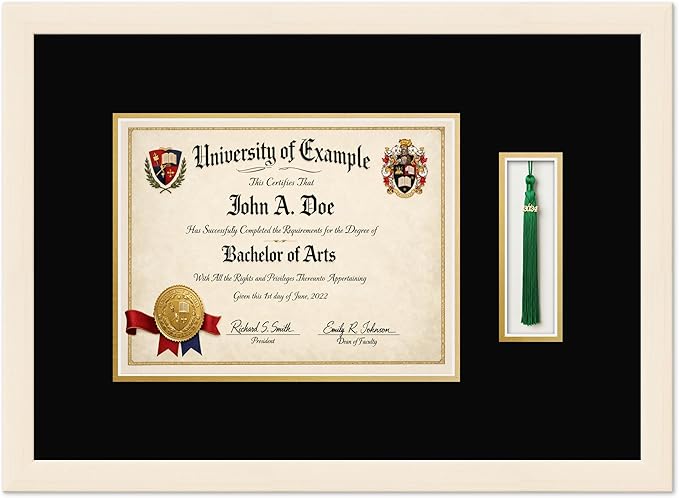 CountryArtHouse Diploma and Tassel Frame Fits 11 x 8.5 US Letter Certificate with Tassel Coastal Whitewash Genuine Hardwood Shadowbox with Black Over Metallic Gold Double mat