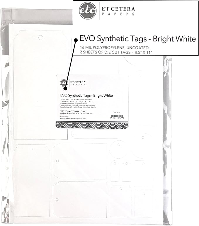 ET Cetera EVO White 8.5 x 11 Inch Tag Sheet - Alcohol Ink Paper - Tear Resistant, Recyclable, Reusable Flexible Wipe Off - 2 Sheets