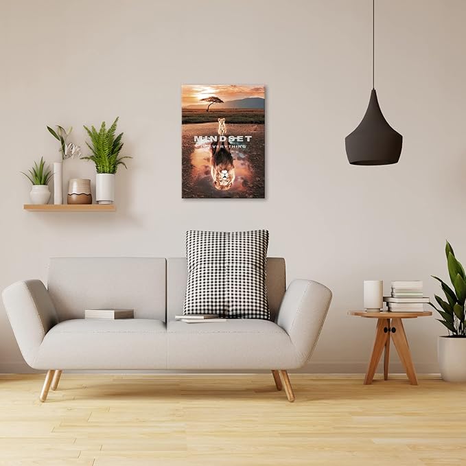 Mindset Is Everything Wall Art Lion Motivational Canvas Wall Art Posters Prints 1 Pieces Inspirational Quote Painting for Office Bedroom Decor (24" W x 36" H)