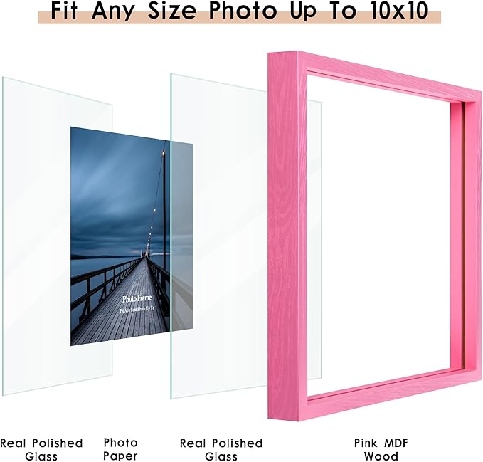 MUYE 10x10 Floating Frame Set of 2,Double Real Glass Square Photo Frame,Display Any Size Photo up to 10x10,Wall Mount or Tabletop Standing,Pink