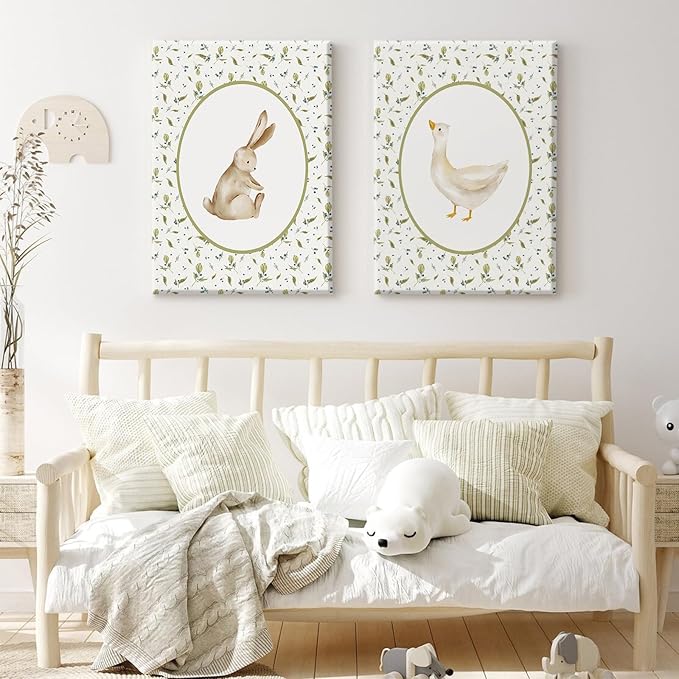 Vintage Nursery Wall Art Cute Goose Canvas Poster Bunny Wall Decor Baby Kids Poster Rabbit Duck Prints Cute Animal Pictures Pale Green Painting Artwork for Gallery Bedroom 16x24x2 Inch Ready to Hang