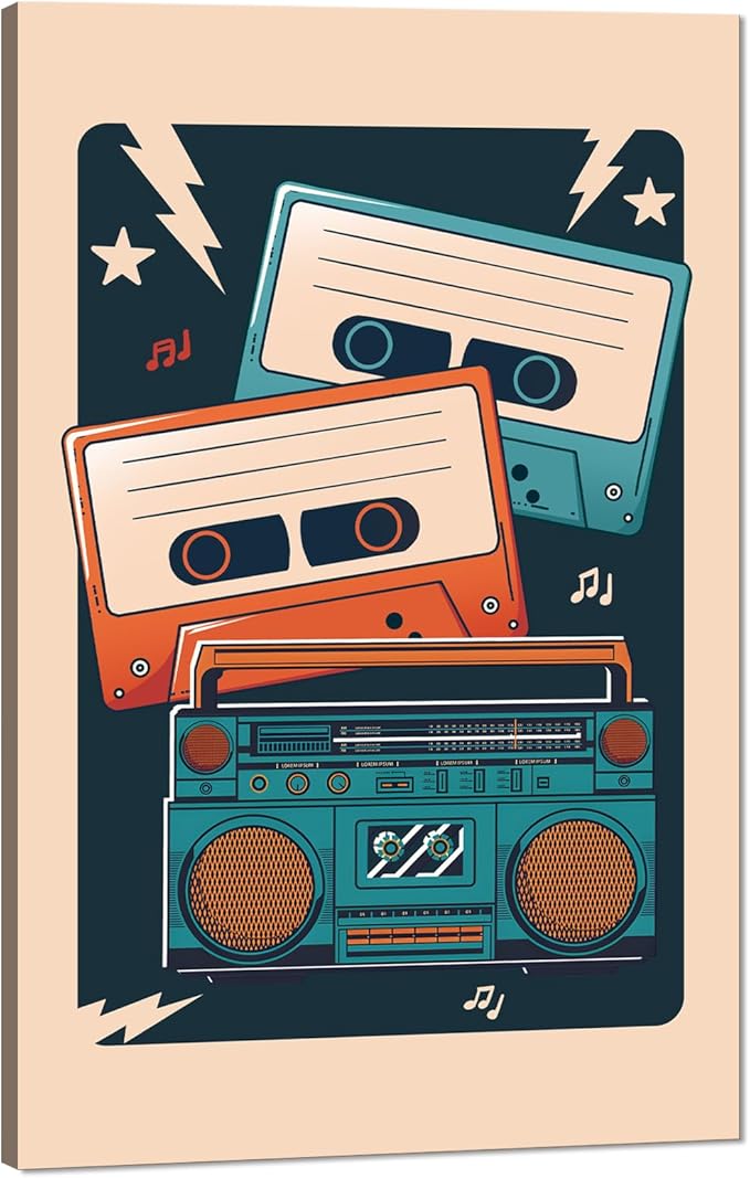 Large Music Wall Art Decor - Vintage Cassette Player Print Poster Musical Picture Wall Decor Retro Music Poster Framed Canvas Artwork for Living Room Bedroom Studio Decoration, Ready to Hang 28" x 44"