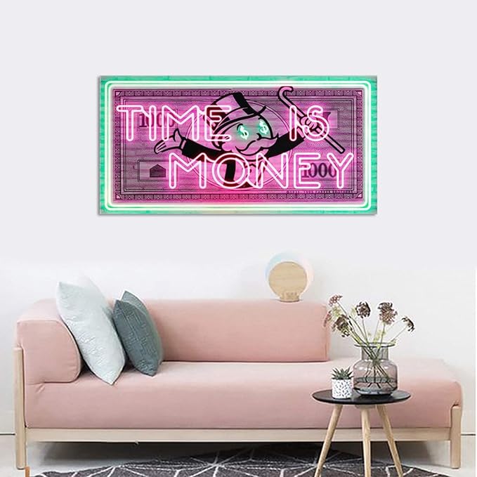 Time Is Money Show me the Money Motivational Office Canvas Art Green Pink Inspirational Wall Art Canvas Print Home Office Room Decor Inspirational Gifts for Men HD Print Framed Easy to Hang-40 Wx20 H
