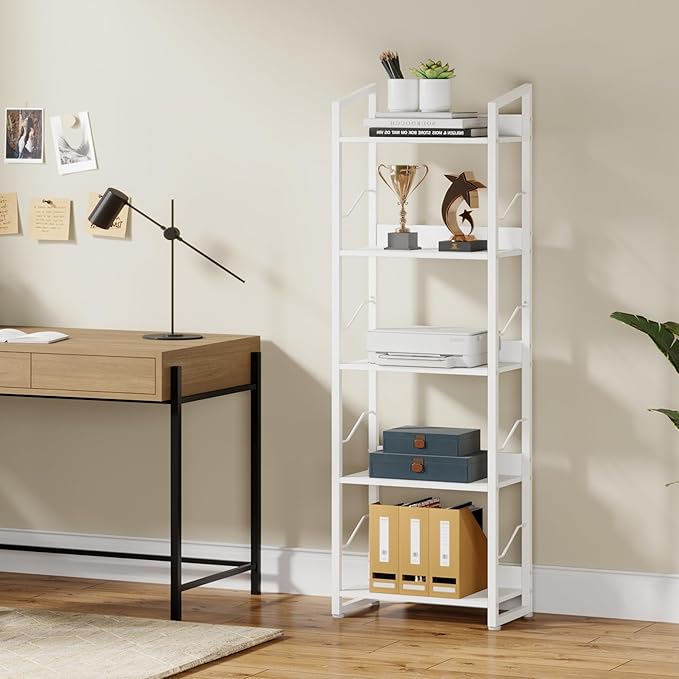 Hosfais 5 Tier Tall Bookshelf: Industrial Wood Book Shelf with Edge Protection Metal Narrow Bookshelf Bookcase Storage Organizer Display Rack for Living Room Home Office (White)