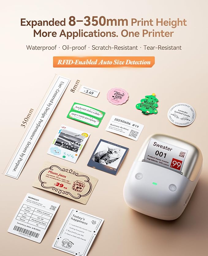 NIIMBOT B2 Pro Bluetooth Label Maker, 300DPI HD Thermal Sticker Printer, Portable Thermal Label Printer with 1 Roll, Supports Red & Black Printing, for Home Office Organization & Small Business, Gold