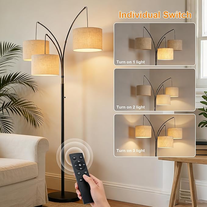 80 Inch Arc Floor Lamp with Remote Control, 3-Light Dimmable Standing Lamp for Living Room, 2400LM Super Bright Tree Lamp for Bedroom, Modern Tall Floor Lamp with Adjustable Arms&Weighted Base
