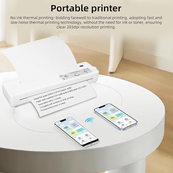 Marhynchus A4 Thermal Printer, Portable Inkless BT Printer with 203DPI High Resolution and 1800mAh Battery, for Office Car Home Use