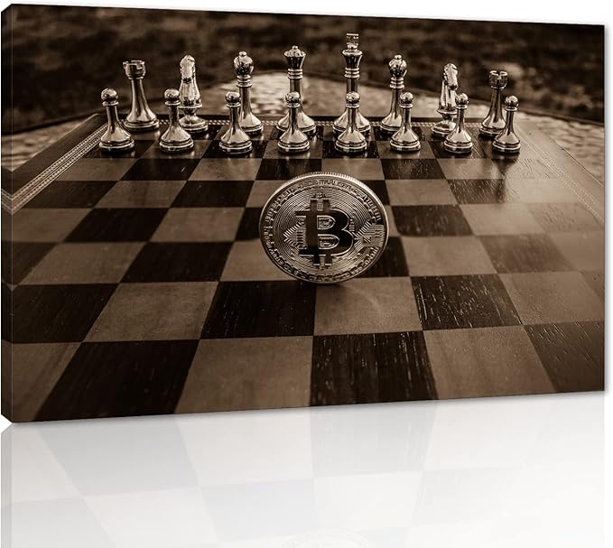 Golden Chess and Bitcoin Canvas Wall Art Motivational Life Quote Game Bitcoin Wall Art Poster Canvas Posters and Prints Pictures Chess Office Wall Decor, Framed 44x28 inch