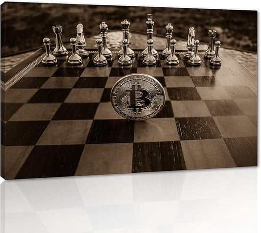 Golden Chess and Bitcoin Canvas Wall Art Motivational Life Quote Game Bitcoin Wall Art Poster Canvas Posters and Prints Pictures Chess Office Wall Decor, Framed 44x28 inch