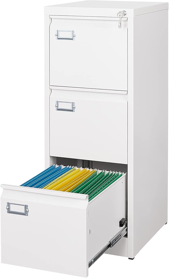 Yizosh 3 Drawer White File Cabinet with Lock, Filing Cabinets for Home Office, Metal Locking Office File Storage Cabinets with Drawers, Vertical Small Filing Cabinet Organizer for Legal/A4