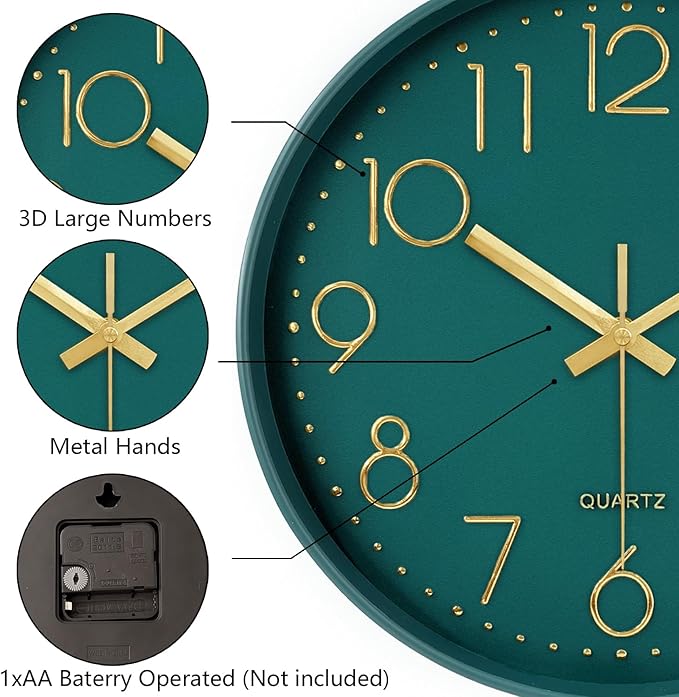 Wall Clock, Silent Wall Clocks Battery Operated 10 Inch- Modern Non Ticking Analog Clock with Large Numerals Tempered Glass Clocks for Bedroom Living Room Kitchen Office Decor, Dark Green