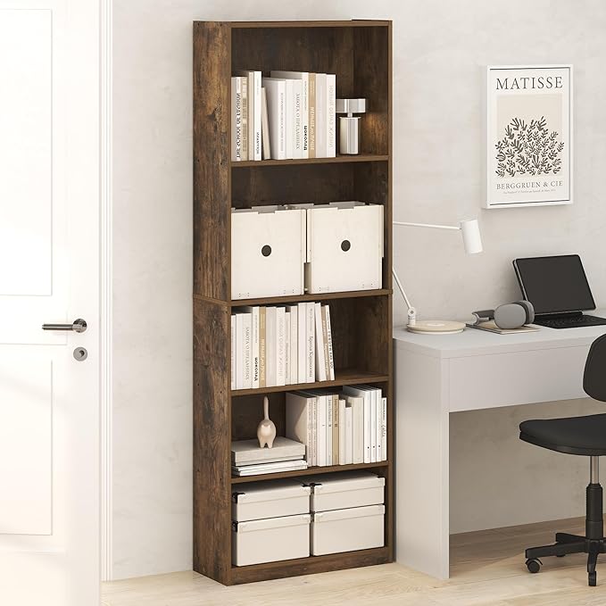 Furinno Jaya Book Shelf, 5-Tier Tall Book Shelf, Bookcase with Open Shelving, Standing Bookshelf, 9.5 x 24.6 x 71.1, for Organization and Storage, for Home Office, Living Room, Amber Pine