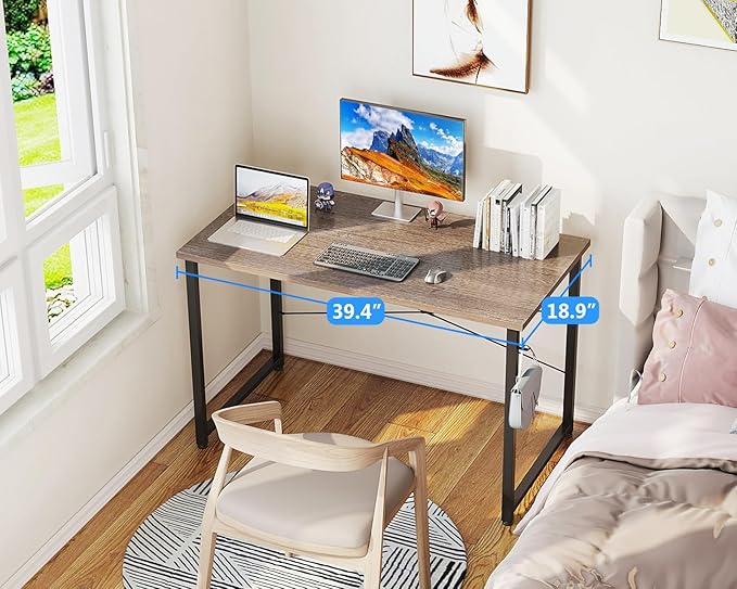 Casaottima 40 Inch Small Computer Desk for Home Office, Study Writing Table for Small Spaces, Simple Modern Desk with Headphone Hooks, Grey Oak