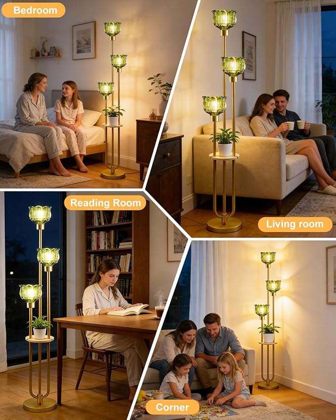 Lightdot Glass Floor Lamp for Living Room 3-Lights Modern Dimmable Gold Floor Lamp with Green Glass Shade & 3000K Bulbs Included Unique Tall Standing Lamp for Bedroom/Sofa Beside/Corner Decor