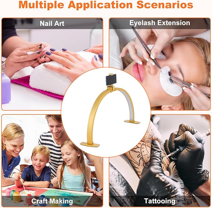 FAHKNS Half Moon Light for Nail Desk with Phone Holder, 29IN Folding Half-Moon Light, LED Lamp for Nail Art, Eyelash Extension, Tattooing, 3 Color Temperature, Golden
