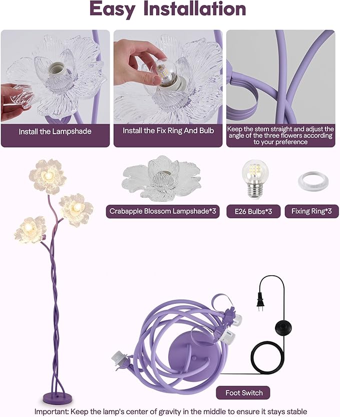 3 Light Flower Floor Lamps for Living Room, Standing Floor Lamp with Flexible Gooseneck, Unique Floor Lamp with 3 Color Temperatures, Tall Corner Floor Lamps for Living Room, Bedroom—Purple