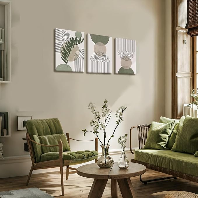 NCCXNCC 3Pcs Modern Geometric Canvas Wall Art Bohemian Style Green Abstract Wall Decor Art Minimalist Line Leaf Posters Print Suitable for Living Room Bedroom and Office Decoration 12x16 Inch Framed
