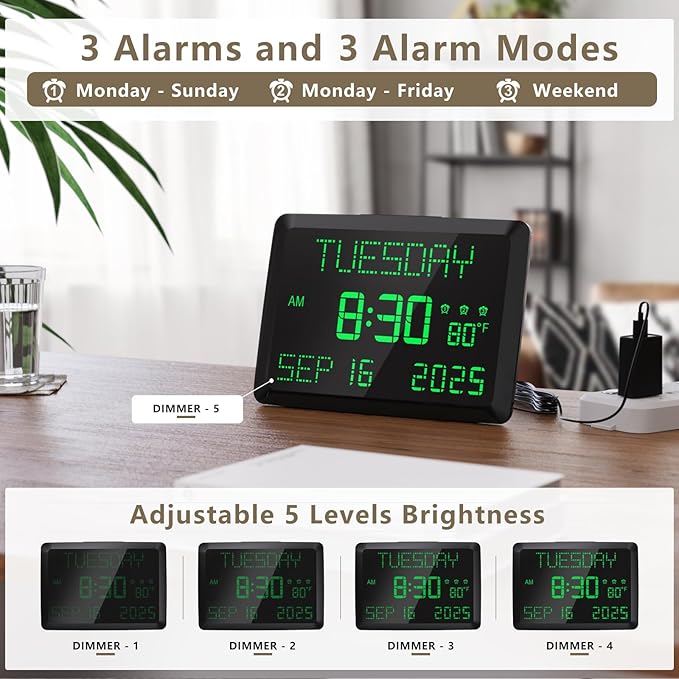 Raynic Day Clock, 11.5" Large Display Calendar Clock with Day and Date, Indoor Temperature, Adjustable Brightness, Snooze,12/24H, DST for Home, Office, Elderly