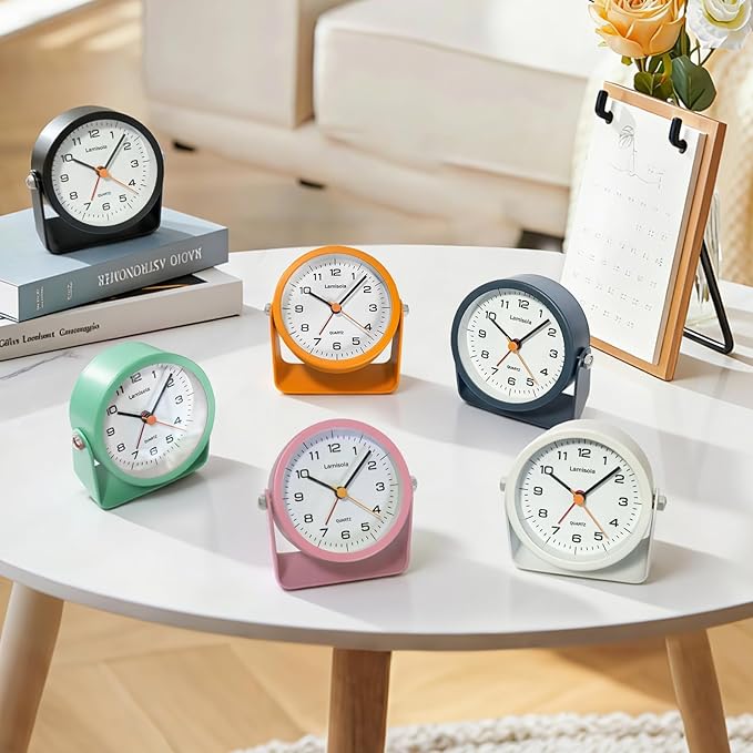 3.5 Inch Small Desk Alarm Clock, Battery Operated Analog Silent Clock with Night Light, Retro Vintage Metal Bedside Clock for Bedroom, Office, Bathroom, Dorm, Shelf, Table - Black