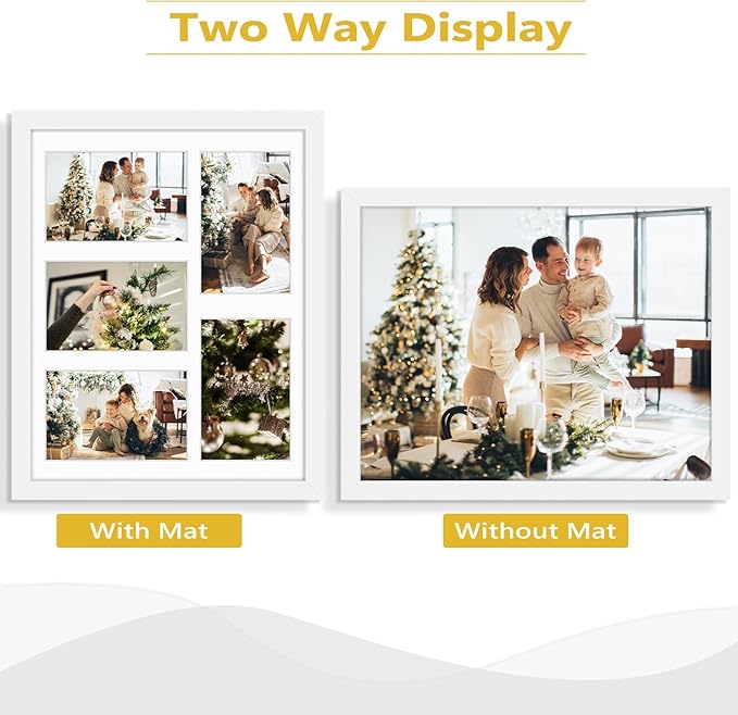 Golden State Art, 11x14 White Wooden Frame with White Mat - Displays Five 4x6 Photos - Tempered Glass - Wall Mounting, Portrait, Set of 2