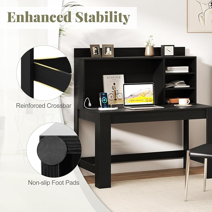 Giantex Computer Desk with Hutch, Modern Home Office Desk with Power Outlets, Storage Shelves & Cable Hole, Makeup Vanity Table, Study Writing Desk for Bedroom Office Small Space (Black)