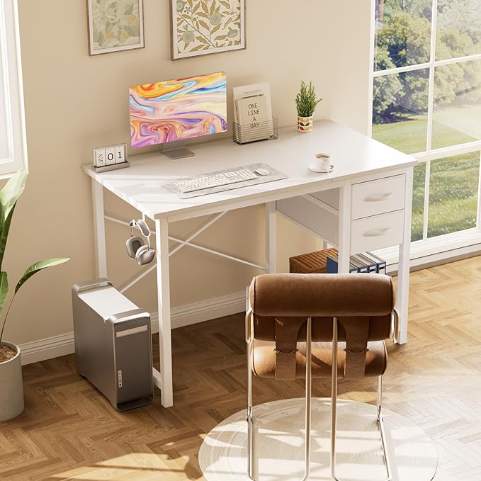Sweetcrispy 40 Inches Computer Desk with Drawers, Home Office Writing Desk with X-Shaped Reinforcement, Modern Study Work Table with Side Hook, Sturdy Metal Frame, White