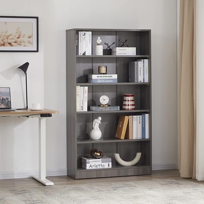 Farini Grey Bookshelf for Bedroom 5 Shelf Office Bookcase 60 Inches Tall Modern Wood Bookshelf for Living Room 5 Tier Wide Manga Bookshelves Library Bookcase
