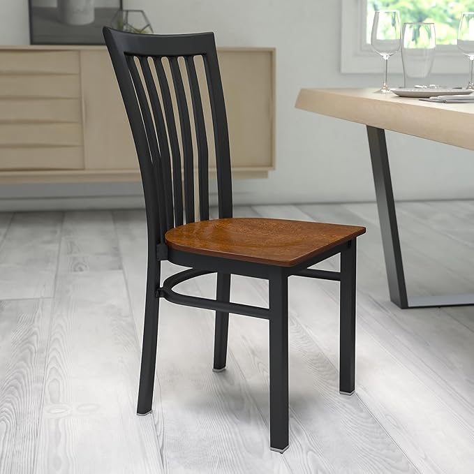 Flash Furniture HERCULES Series Black School House Back Metal Restaurant Chair - Cherry Wood Seat