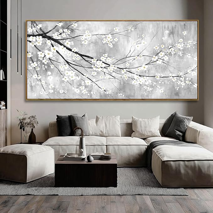 Large White Black Gray and Gold Plum Blossom Canvas Wall Art Framed Modern Zen Nature Floral Posters for Bedroom Living Room Office Hallway Wall Decor 40x88 Inch
