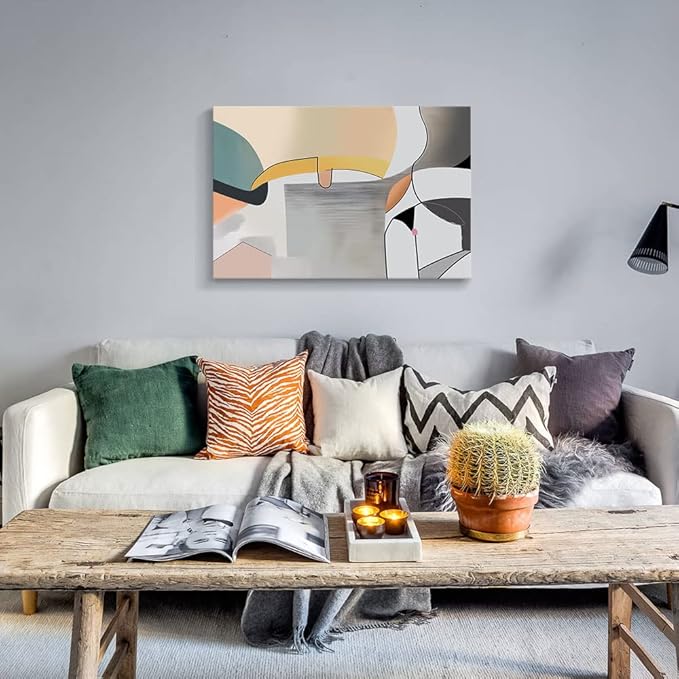 Wall Art Canvas Abstract Color Block Line Art Prints Apricot Cyan Black Grey Color Blocks and Lines Painting Modern Artwork Decor for Living Room Bedroom Kitchen 36x24in