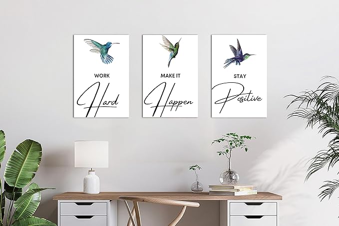 3 Piece Office Canvas Wall Art, Hummingbird Motivational Quotes Canvas Print Pictures Wall Decor for Office, Men Women Inspirational Framed Artwork Home Office Decor 12"x18" x 3 Pcs
