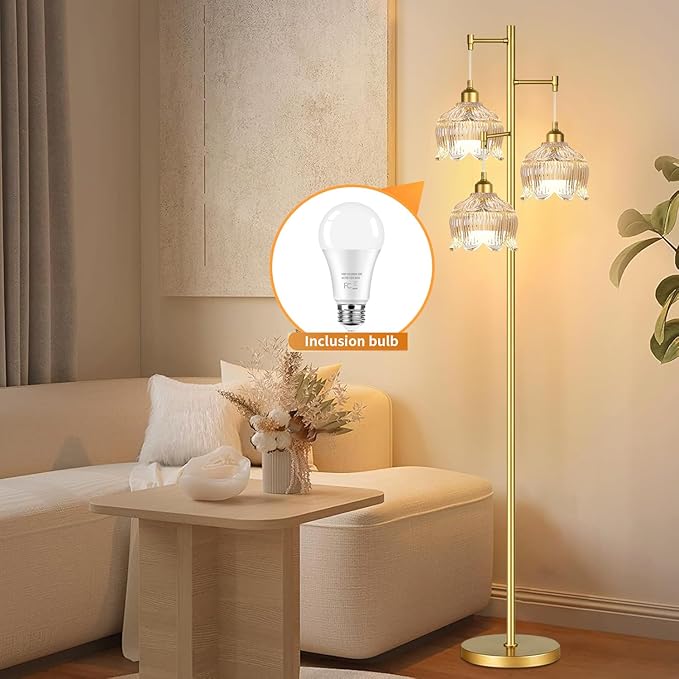 Gold Floor Lamps for Living Room 3 Lights Floor Lamp with Glass Lampshape & Three Led Bulb,Mid Century Standing Lamp Vintage Brass Tall Lamp Tree Floor Lamp for Bedroom Corner