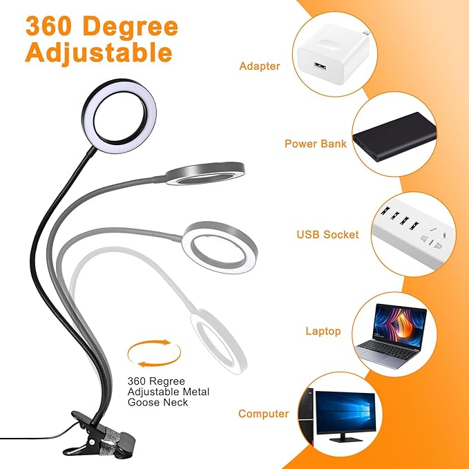 10X Magnifying Glass with Light and Timer, 2 in 1 Magnifying Desk Lamp, 3 Color Modes 10 Dimmable Brightness, Flexible Gooseneck Magnifier with Light for Craft Hobby Sewing Close Work(No Adapter)