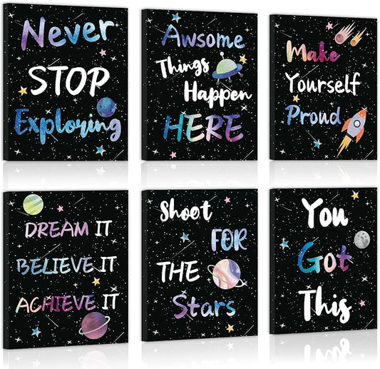 CHDITB Outer Space Framed Canvas Wall Art, Universe Theme Artwork, Inspirational Quote Wall Decor, Stellar Sky Poster, Galaxy Universe Art Prints For Kids Room, Boy Bedroom Classroom Decor(8X10 Inch)