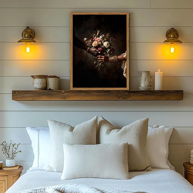 Framed Black Love Floral Wall Art, African American Couple Canvas Wall Decor Prints, Dark Romantic Holding Flowers Paintings Pictures Moody Home Decor Aesthetic for Living Room Bedroom 12x16 inch