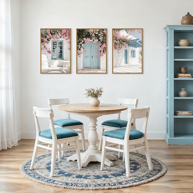 HOURIA Spring Modern Greek Island Cityscape Framed Canvas Wall Art Set,European White House Blue Door Shutter Landscape Wall Decor,Santorini Natural Pink Flower Artwork for Living Room, Bedroom-24"x36"x3