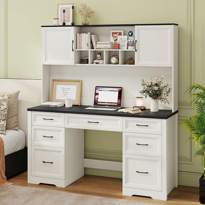 Farmhouse Executive Desk with 7 Drawers and Storage Cabinet, Rustic Large Home Writing Desk with Hutch, Workstation for Bedroom, Black