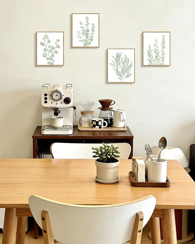 Drsoum Framed Botanical Plant Canvas Wood Wall Art Light Green Sage Wall Decor Eucalyptus Leaf Picture for Bedroom Living Room Bathroom Office 8”x 10” x 4pcs