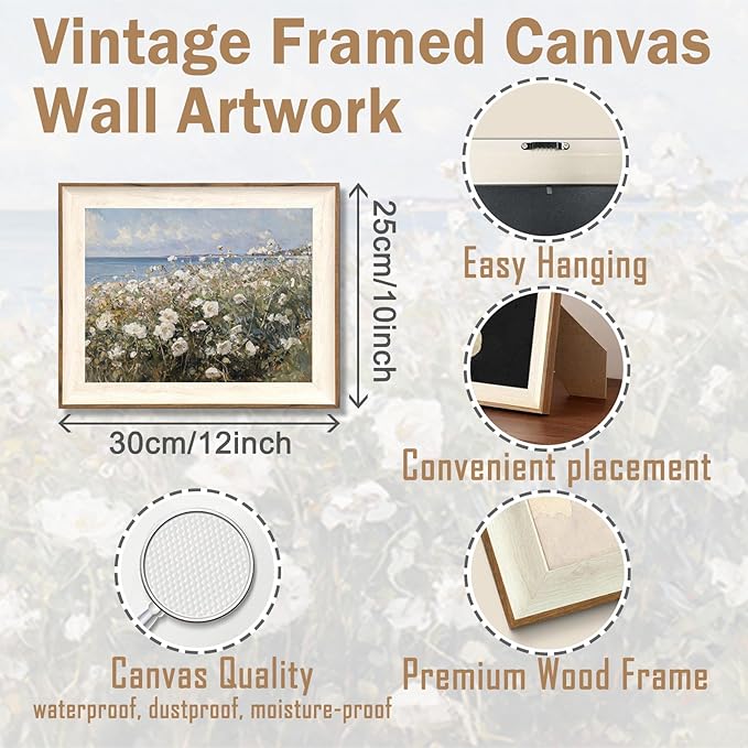 ASTRDECOR Framed Canvas Wall Art Room Decor, Vintage Landscape Wall Art for Home Decor Aesthetic Artwork, Coastal Scenery Nature Rustic Farmhouse Wall Decor for Living Room, White Wildflowers Oil Painting Pictures Bathroom Wall Decor- 10''x12''