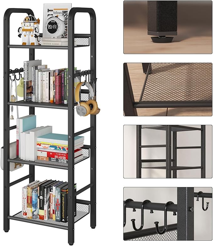 YMYNY 4 Tier Bookshelf, Freestanding Bookcase for Living Room, Bedroom, Home Office, Multi-Functional Storage Rack Organizer, Display Rack with Metal Frame, Rust Resistance, Black, UHBC054B