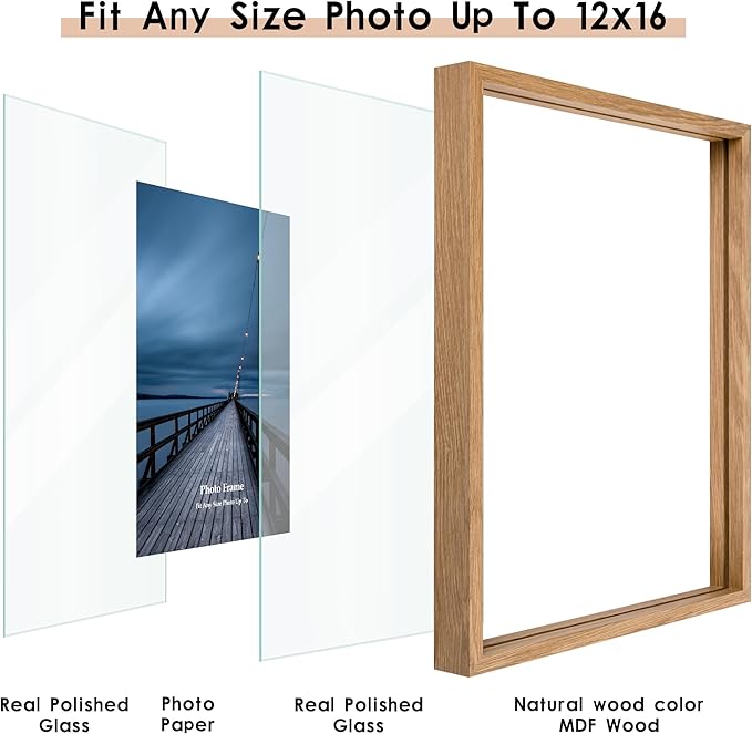 MUYE 12x16 Floating picture Frames Set of 2,Double Glass Frame,Display Any Size Photo up to 12x16,Wall Mount or Tabletop Standing,Natural