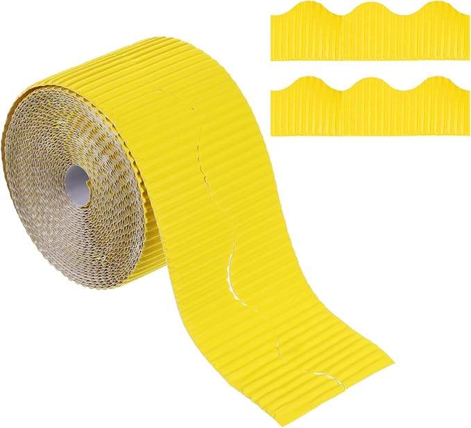 PATIKIL 3.9inch x 49.2ft Bulletin Board Border, Scalloped Trim Paper Corrugated Paper for Locker Classroom Decor Black White Cork Poster Boards, Yellow